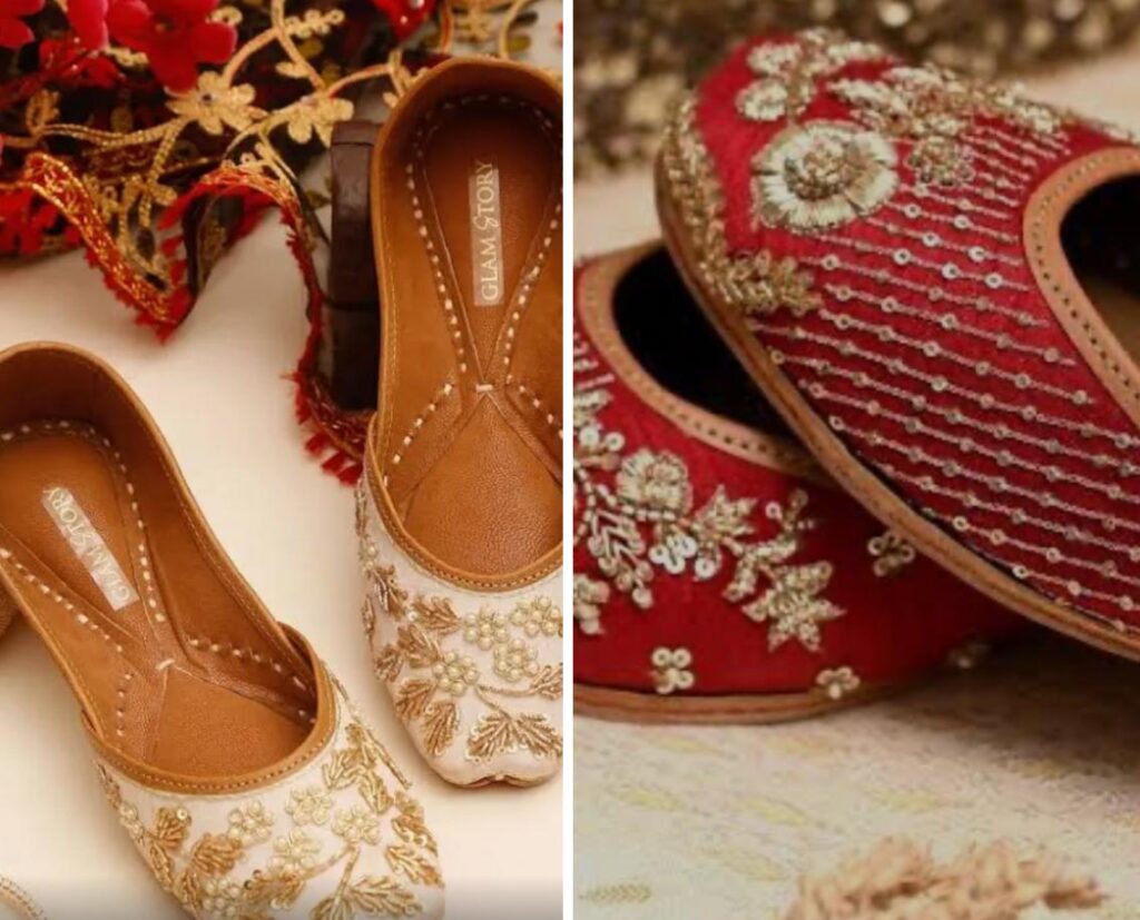 Gold handcrafted Punjabi jutti with intricate beadwork.